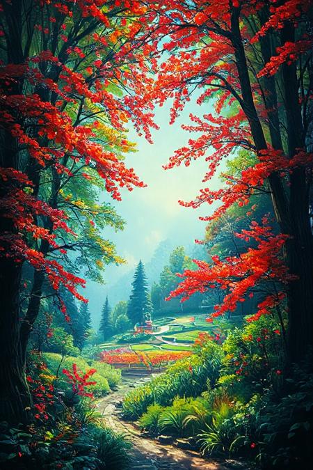 The gorgeous oil painting designed by AI show a palace-level design sense and are pleasing to the eye. The design color is mainly green red purple like spring landscape with early morning sunlight. Midjourney_Whisper