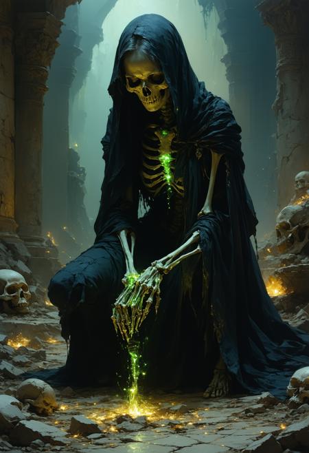 A hauntingly beautiful elven necromancer kneels in a twilight necropolis, her obsidian-and-gilded robes pooling like liquid shadow, conducting a ritual over cracked bone fragments. Low-angle perspective amplifies her towering presence, her face framed by intricate skull warpaint shimmering with iridescent decay—cracks revealing glowing emerald beneath. Art Nouveau elegance (Alphonse Mucha’s flowing lines) clashes with Brom’s dark fantasy grit. Chiaroscuro lighting carves her textured, alabaster skin, while her staff pulses with bioluminescent gold, casting spectral runes onto mist. Veiled whispers hum as skeletal fingertips breach the earth, threads of soul-light weaving between her fingers and the soil.