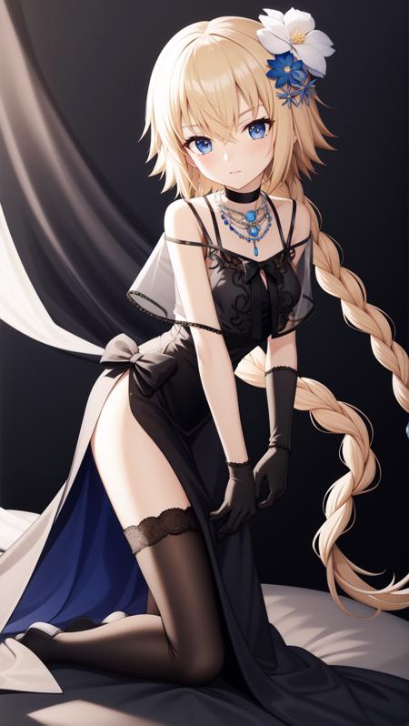 jeanne_d'arc_\(fate\),blonde_hair,hair_flower,black_dress,black_gloves,blue_eyes,thighhighs,hair_ornament,gloves,black_thighhighs,braid,very_long_hair,sleeveless_dress,sleeveless,looking_at_viewer,choker,single braid,collarbone,black_bow,hair_between_eyes,hair_bow,necklace,jewelry,ribbon,white_flower,blue_flower,closed_mouth,bangs,black capelet,