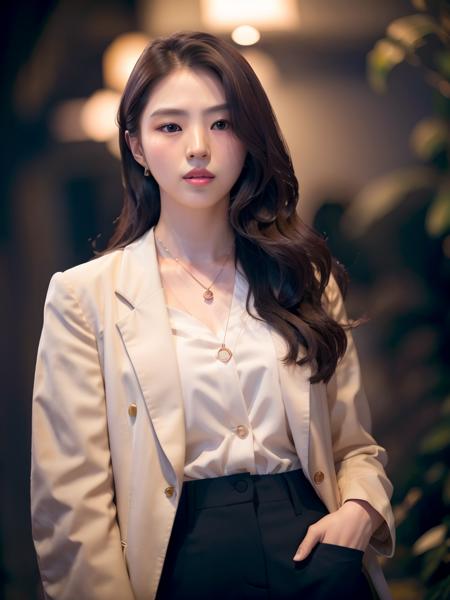 hansohee in blazer, necklace, outdoor,

rim lighting, two tone lighting, dimly lit, low key, 

analog style, hyper realistic lifelike texture dramatic lighting unrealengine trending on artstation,award winning photo,nikon RAW photo,8 k,Fujifilm XT3,masterpiece, best quality, realistic, photorealistic,ultra detailed,extremely detailed face, 

<lora:hansohee-sd1.5-newcaption-50step-000001:0.8> <lora:epiNoiseoffset_v2:0.5>