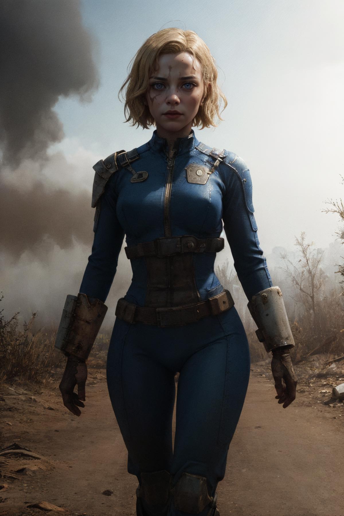 A woman wearing a blue jumpsuit and a blue helmet.