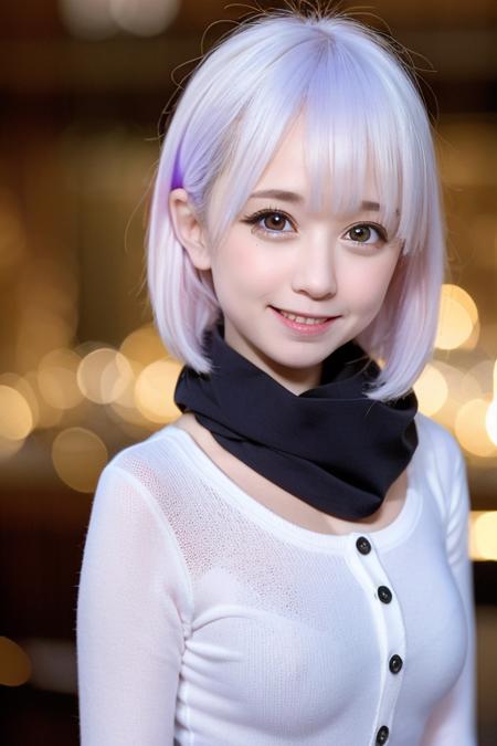 (girl, head, white hair, smile, violet eyes :1.1), 1girl, solo, white hair, short hair, blunt bangs, scarf, hairpin, galaxy background, looking at viewer, (depth of field, blurry, blurry background, bokeh:1.4), jacket,<lora:yamir:0.9>