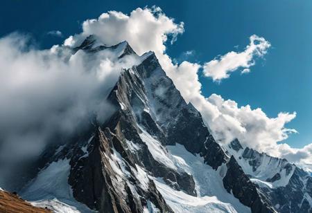 (ultra high res:1.4), (masterpiece:1.4), (beautiful lighting:1.4)  
Mountain range, towering peaks, snow-capped summits under a vivid blue sky adorned with white clouds. captures the majestic scenery with wide-angle perspective and high resolution