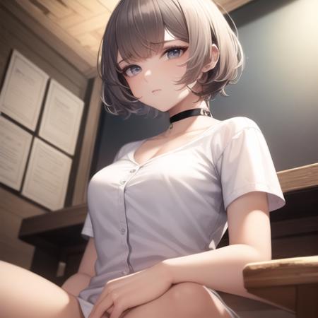 ((masterpiece)), (best quality), (detailed), (1girl), white shirt, short gray hair, expressioness, (choker), looking at viewer, bobcut, sitting, from below