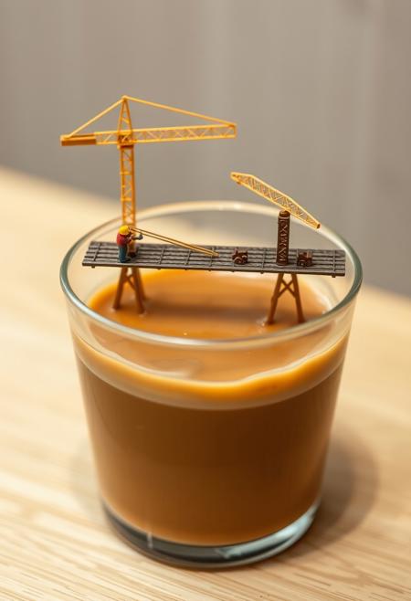 a realistic 4k photo of transparent plastic cup of full of coffee where miniature crowds of construction workers building hazel nut cream bridge