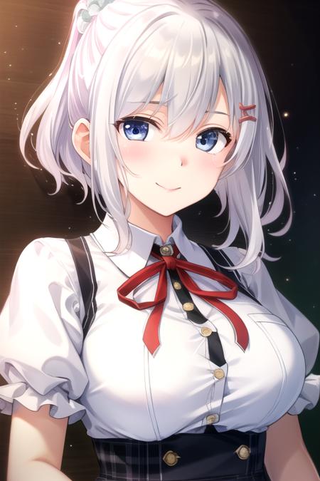 ((masterpiece)),(best quality),official art,extremely detailed CG,unity 8k wallpaper,ultra detailed,beautiful detailed eyes,extremely detailed face,1girl,solo,upper body,(portrait:1.5),looking at viewer,facing viewer,smile,Anesaki Mimari(unoneno),white hair,long hair,hair scrunchie,green scrunchie,hair ornament,hair between eyes,bangs,blue eyes,school uniform,short sleeves,black vest,collared shirt,neck ribbon,red ribbon,white shirt,large breasts,miniskirt,frilled skirt,black skirt,plaid skirt,white socks,loafers,<lora:Anesaki Mimari(unoneno)>,