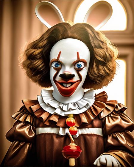 (pennywise make-up:1.4), holding a red ball on a string, (rabbit ears, standing, full body:1.3), old mansion in the background <lora:Raving Rabbids:1> Raving Rabbids, no human, (foggy background, epic realistic, rutkowski, hdr, intricate details, hyperdetailed, cinematic, rim light, muted colors:1.2), faded, depth of field, complex background, dramatic light, ((intricate details)), hdr, ((intricate details, hyperdetailed))