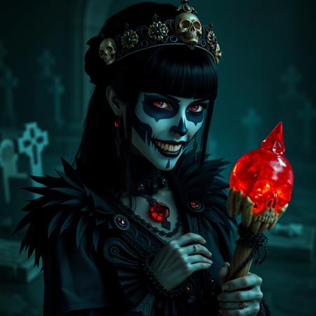 1girl, mysterious, hyper-realistic, despotically evil vampire queen, detailed argular scary face, goth sugar skull make up, jet black hair, black malachite crystal victorian dress with sharp jagged textures, Black Soul Gem Eyes, skull tiara with ebony accents, vampire fangs, glowing bioluminescent accents, holding scepter carved from bone with a red crystal skull on th end, haunting cemetery background, black glass floor, dim lighting, matte color tones, flat color style, horror fantasy, intricate details, cinematic shading, reij-blckprlglss, aidmaImageUpgrader
