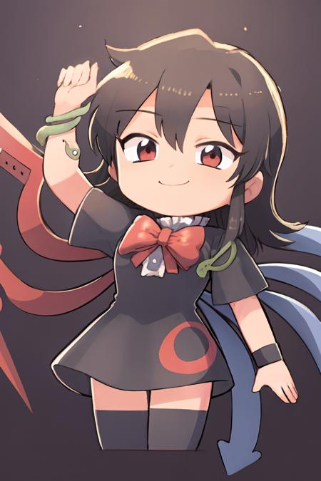 houjuu nue 1girl, black hair,short hair,red eyes,red bow,short sleeves,wristband,snake,,black dress,black thighhighs,asymmetrical wings,