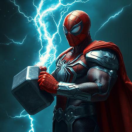 a muscle spiderman with an asgard god armor holding thor hammer with lightings and thunders