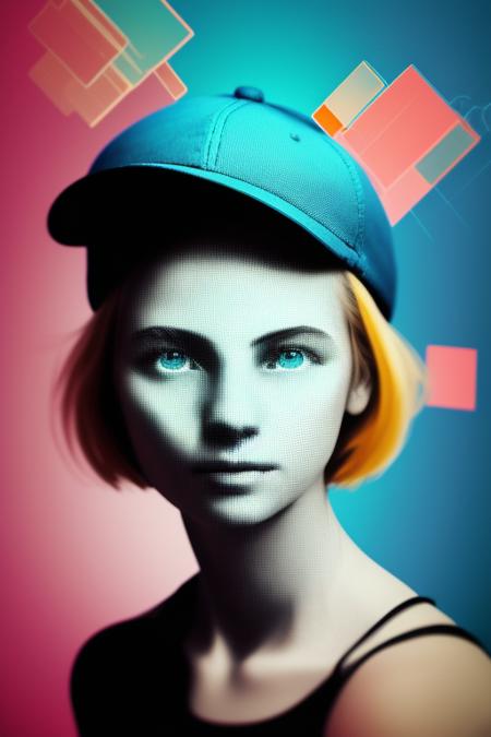 glitch,a portrait of a blonde girl with blue cap and blue shirt