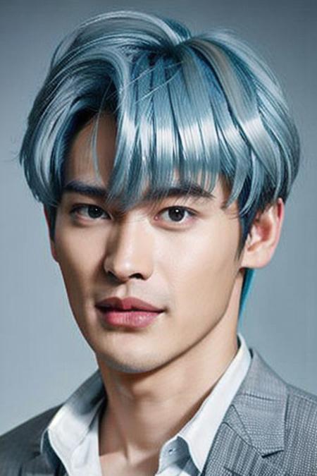 ((((1boy , full shot,  light blue hair  color :1.5)))),(8k, RAW photo, best quality, masterpiece:1.2), (realistic, photo-realistic:1.4), (extremely detailed CG unity 8k wallpaper) , (( smile close up shot portrait of a charming Horsen posing for shang yoon magazine in light blue, in the style of deconstructed tailoring, close up, rounded, precisionist, limited color range, duckcore, celestial :1.4)),((super biggest muscle chest )), ((muscular arms and a broad chest, strong, athletic, muscle:1.3 )), hyper detailed, soft lighting, strong backlight, beautiful lighting , hyperreal, front shot, ((random photorealistic full pose :1.3)),(day scene:1.2) 4k, cinematic, widescreen, zoom out, intricate detail, finely detailed, hyper detailed, insane details, centered, epic composition, smooth, extreamly realistic, cenematic, attractive beautiful, hyper realistic, photographed by Canon EOS 6D Mark II RF