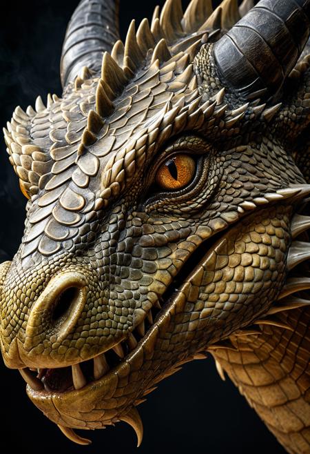 Photorealistic dragon head study with detailed scales, intelligent eyes, and steam rising from nostrils. Museum-quality natural history illustration precision, dramatic lighting emphasizing texture and form. Shot with macro lens for incredible detail, National Geographic wildlife photography approach. Anatomically plausible creature design with realistic animal behavior suggestions.