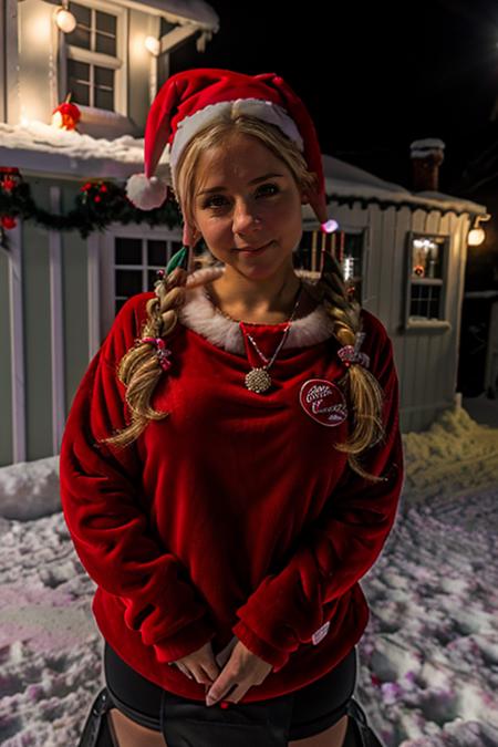 mrs santa claus, santas grotto, north pole, elves, snowmen, candy canes, snow, icicles,  <lora:Sarah_Jane_Honeywell:1> masterpiece, best quality, detailed face, 1girl, solo, a young sj1873h, blonde_hair Pig Tail