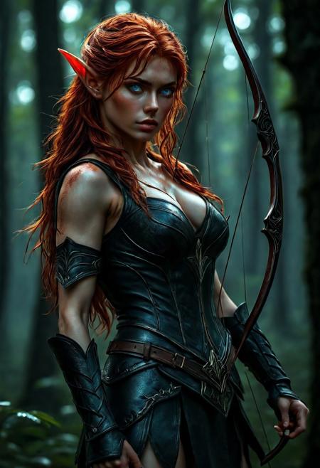 High resolution of ultra-realistic Beautiful Elven Archer girl, ultra-realistic body, perfect athletic body, Attractive Elf girl, artgem, WLOP, standing in the middle of a dark forest, beautiful Sadie Sink as Elf Archer girl, night of the full moon, realistic elven leather armour, defiant and seductive, covered in dirty and blood, cinematic colors Lighting, extremely detailed, 8K, wavy red hair, realistic dirty pale face, realistic blue eyes, beautiful Elf girl on in dark fantasy cool outfit, hyper-detailed, hyper-realistic, Attractive 21 old years Elf woman, Attractive, beautiful firm Breasts, wet and sweaty skin, Dark fantasy style, Dark fantasy atmosphere, sharp focus, digital painting, Photograph Taken on Nikon D750, Alphonse Mucha, 8K, athletic figure, Hyperdetailed, hyperrealism, attractive woman, beautiful woman of athletic body, Attractive bust girl, asymmetric balance