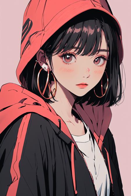 (masterpiece:1.2), best quality,PIXIV,flot,
1girl, solo, black hair, jewelry, pink background, earrings, upper body, short hair, looking at viewer, hat, simple background, hood, jacket, red eyes, bangs, hoop earrings, piercing, closed mouth, hood down, makeup, hooded jacket
 <lora:flot_20230812195155-000018:1>