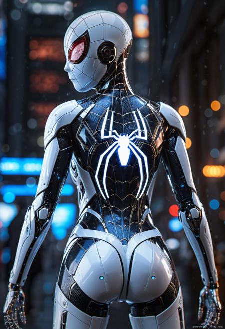 cybernetic robot (best quality, masterpiece, highest detailed), a beautiful woman, medium breasts, white spider-man suite, ultra-detailed, (official art, extreme detailed, highest details), photorealistic, intricate translucent energy details, bokeh, detailed face, detailed eyes, HDR+ 8K, full body shot,seen from behind . android, AI, machine, metal, wires, tech, futuristic, highly detailed