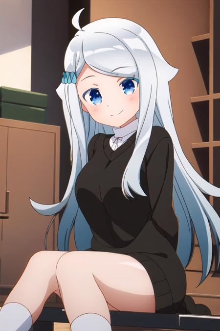 <lora:nayuta_kani-10:1>, nayuta_kani, 1girl, solo, long hair,  blue eyes, hair ornament, long sleeves, dress, jewelry, ahoge, grey hair, socks, sweater, scrunchie, hair flaps, hair scrunchie, blue scrunchie, looking at viewer, outdoors, smile, arms behind back, cowboy shot, indoors, sitting:1.2,  white socks,