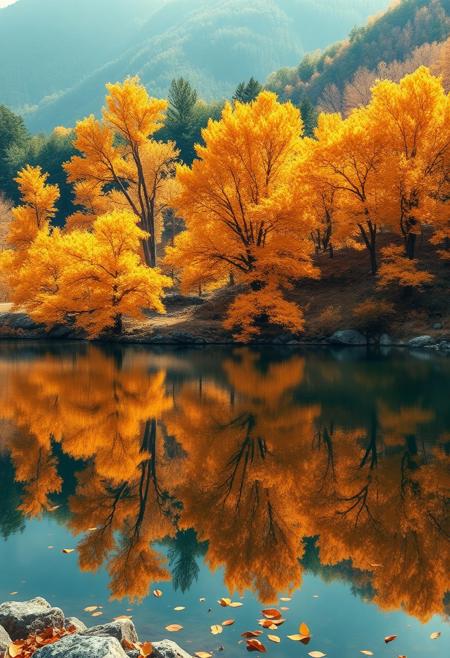 Stunning detail reflection of golden and orange katsura trees around a natural round lake, autumn, realistic, wide shot, art style of Studio Ghibli, magical, whimsical atmosphere, vibrant colors, beautifully lit, serene landscape