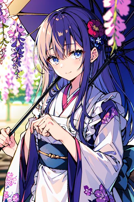 <lora:Toosaka Asagi:0.8>1girl, solo, umbrella, japanese clothes, flower, long hair, hair ornament, kimono, wisteria, mole, oil-paper umbrella, apron, floral print, holding, looking at viewer, hair flower, bangs, holding umbrella, upper body, blurry, long sleeves, wide sleeves, closed mouth, white apron