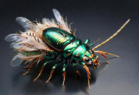 <lora:!action-sdxl-V0.5:0.8> <lora:xl_more_art-full_v1:0.5> <lora:zhibi-sdxl:0.75>,  asymetric view of shiny flying bug, ral-feathercoat