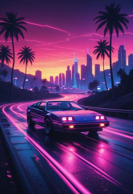cinematic film still 80s synthwave, retro-futuristic, a classic 1980s sports car speeding around a neon-lit curve on a highway, with glowing palm trees lining the road. The scene is captured from a low-angle shot, emphasizing the sleek design and vibrant colors of the car, reflecting off the wet asphalt. The background features a neon sunset with horizontal lines, characteristic of the synthwave aesthetic, in vivid hues of pink, purple, and blue. The image is highly detailed with dramatic lighting, creating a sense of speed and motion. The artwork has a vaporwave vibe, combining retro and futuristic elements with bold, electric colors and a minimalist, sticker-like style on a white background. The atmosphere is surreal and cinematic, with sharp contrasts and intense glow effects, reminiscent of 80s digital art. This 3D render, illustration, is crafted with high resolution, capturing the essence of a synthwave cityscape in extreme detail and dynamic composition. 8k resolution with a focus on vibrant neon and striking details, evoking a nostalgic yet futuristic feel. <lora:FluxCyberpunkAnimeStyle.safetensors:1.0>, cyberpunk, anime,  . shallow depth of field, vignette, highly detailed, high budget, bokeh, cinemascope, moody, epic, gorgeous, film grain, grainy