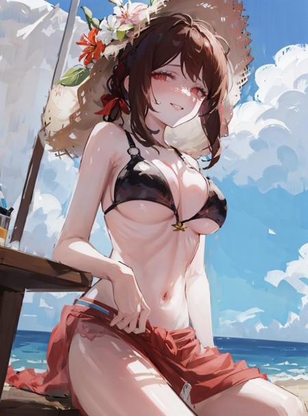 masterpiece, best quality,from below, beach,cowboy shot,outdoors,1girl, sitting, wariza,(shaded_face:1.3), ,  ,shaded_face, shadow_over_eyes, empty_eyes, (glare:1.3 ),bikini, black bikini ,((red eyes )),half-closed eyes, short hair, straw hat, hat ,flower, large breasts ,sarong,brown hair, ,cleavage,sun hat ,navel , hat flower ,closed mouth, ,   <lora:loraine_summer-05:1> , look at viewer ,, evil smile, ,eye glint,  <lora:disgustFacial_v1:1>