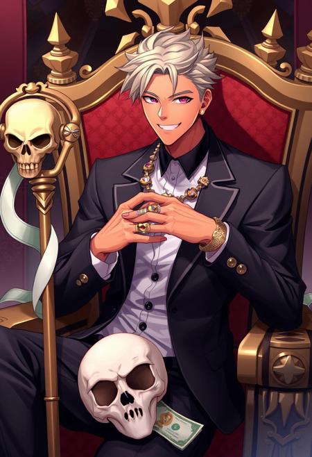 1boy, ring, male focus, jewelry, solo, sitting, skull, money, necklace, pink eyes, colored skin, staff, smile, suit, orange skin, formal, grin, looking at viewer, multiple rings, throne, pants, chair, banknote, gold, jacket, shirt, evil smile, zPDXL3, detailxl,  Score_PnyReal