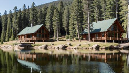 realistic photography of cabin next to lake, pine tree forest, mountain in the background, clear sunny sky,  realistic reflections, natural light, distant view across the lake