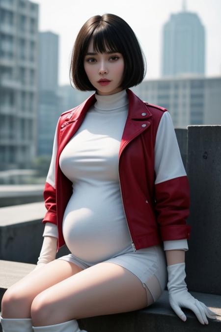 pregnant Female, with a black bob haircut and bangs on her forehead.
White turtleneck short T-shirt, red jacket, white shorts, gloves, and white over-the-knee boots.
FHD, masterpiece, realistic style.