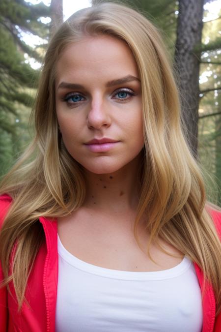 RAW, s0f1g, perfect face, stunning eyes, upper body, blonde, sfw, in a red jacket, shirt, camping in the pines, smirk, no makeup, candid, 8k uhd