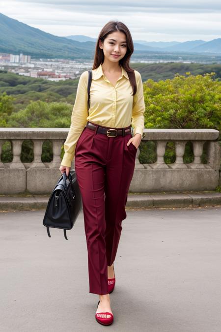 1 woman, detailed, realistic, standing, full body shot, scenic view, noon
<lora:Shirt Pants by Stable Yogi:0.5>yellow shirt, long sleeves, pants belt, bag, slippers