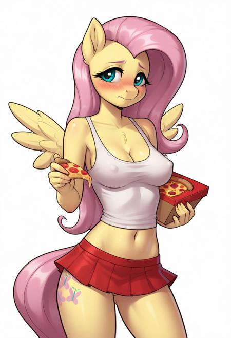 score_9, score_8_up, score_7_up, score_6_up, realistic illustration, dramatic angle, solid color background, simple background, white background,
1girl, solo, Fluttershy (mlp), (anthro pony), 18 yo, tail, petite body, shiny skin, medium perky breasts, erect nipples, cleavage, navel, naked shoulders,
tank top, mini skirt, no panties, pizza delivery uniform,
dynamic pose, holding a pizza box, 
shy, blush, blushing, embarrassed,