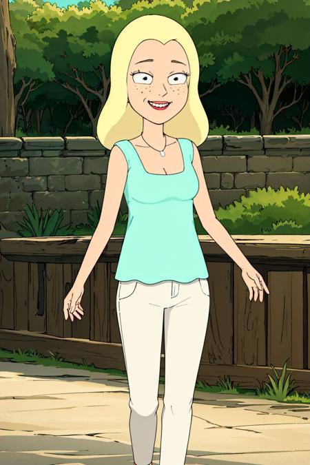  diane, 1girl, blonde hair, solo, freckles, long hair, necklace, cleavage, aqua shirt, smile,sleeveless, pants, high heels