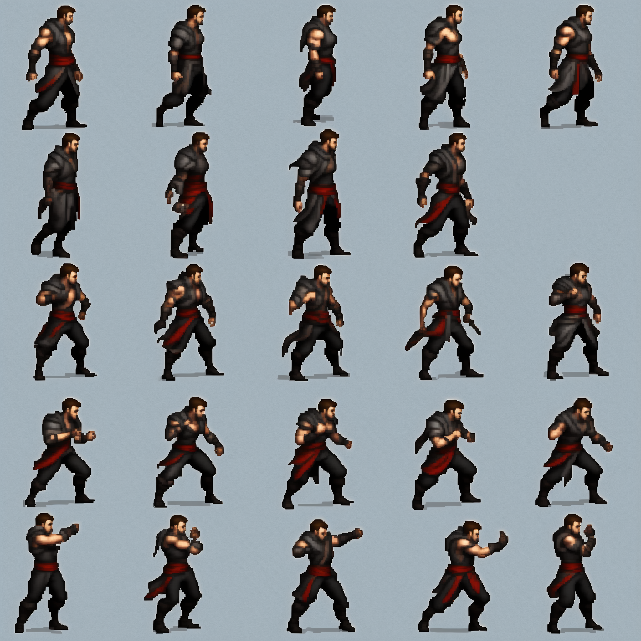 pixel art character sheet, male assasin, pixel art style, multiple views of the same character