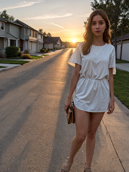 natural beauty, dressed,  photorealistic, sunset in boring suburbs