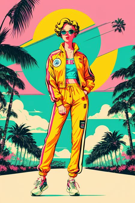 (((retro artstyle))) ((masterpiece)) A girl with blonde hair , sunglasses , retro track jacket , retro sweatpants , full body portrait , neutral expression , (vaporwave aesthetic) , palm trees , bust figure , vinyl records , japanese letters , vivid ,, <lora:add_detail:0.75>, <lora:FantasyWorldV1:0.25>,