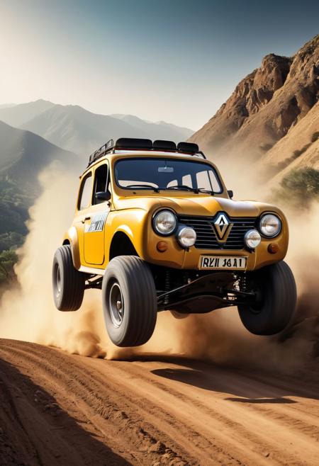 A cartoonesque 4x4 hot rod Renault 4, on a dangerous mountain dirt track, dust, big offroad tyres, in a jump, dynamic atmospheric view, caricatural