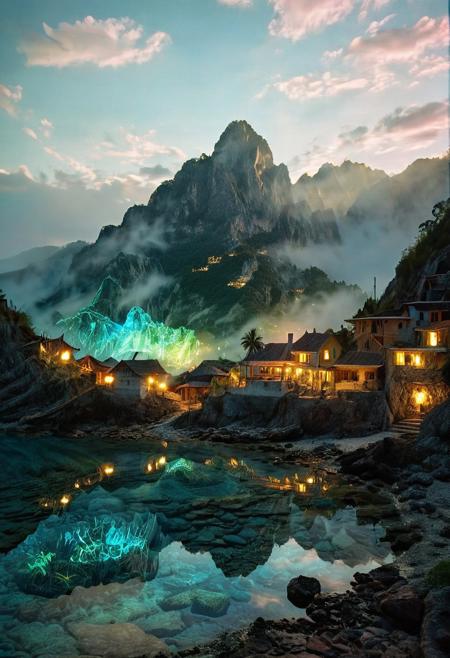 (by Ellen Jewett:1.5), (Bioluminescent Impressionism, Jamaican landscape, ral-wlfnte, their peaks veiled in mist. mixed media, surrealism, great lighting, A surreal landscape highly detailed . extremely high-resolution details,  appears trapped in an optical illusion of reflections and refractions colorful , mountains and village in Ancient Greece , professional photography, natural lighting, volumetric lighting maximalist. intricately detailed, complex, elegant, expansive, fantastical, film photography style,  medium grain. PEAnimeBG