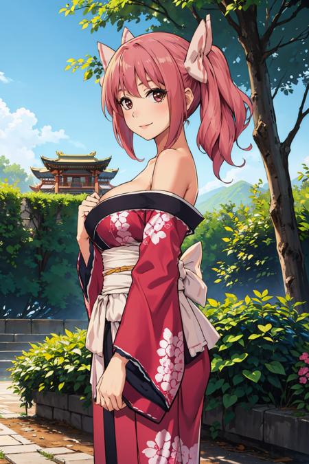 masterpiece, best quality, <lora:momochimyu-nvwls-v1-000009:0.9> momochi myu, hair bow, off-shoulder, pink kimono, sash, floral print, large breasts, garden, temple, standing, from side, looking at viewer, smile, own hands together