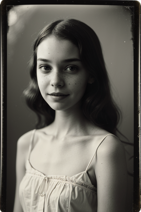 IdaRaun, ((1900s photograph, Gibson tuck, soft blush wearing cotton chemise with square neckline, ruffled cuffs, and delicate lace trim, antique setting)), Century Camera Co. Studio, 160mm f/8, 1/10s, ISO 25, ((tintype))