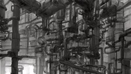 greyscale, building, industrial pipes,  traditional media