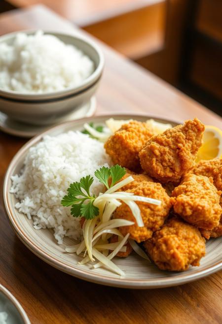 A delicious serving of Japanese chicken karaage, golden brown and crispy, arranged neatly on a ceramic plate beside a steaming bowl of fluffy white rice. Garnished with lemon wedges, shredded cabbage, and a sprig of parsley. The table is wooden with subtle warm lighting to emphasize the texture and color of the food. Traditional Japanese restaurant setting, with minimal background blur for depth of field. High detail, realistic food photography style, 4K resolution, shallow depth of field, soft natural lighting.