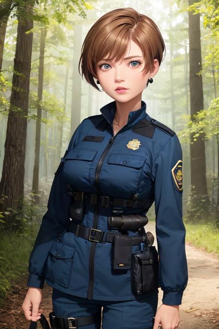 1girl, sxtopaz, short hair, brown hair, earrings, police uniform, forest, river <lora:topaz-military-v1:0.6>