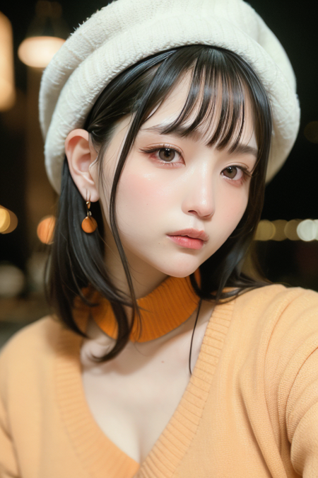 1girl,(wearing an orange sweater and white beret),(RAW photo, best quality), (realistic, photo-realistic:1.4), masterpiece, an extremely delicate and beautiful, extremely detailed, 2k wallpaper, Amazing, finely detail, extremely detailed CG unity 8k wallpaper, ultra-detailed, highres, soft light, beautiful detailed girl, extremely detailed eyes and face, beautiful detailed nose, beautiful detailed eyes,cinematic lighting,city lights at night,