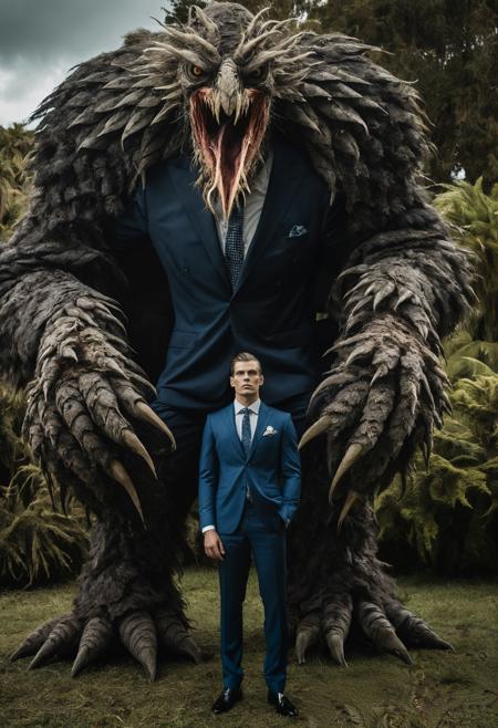 raw photo featuring a man in a suit next to an enormous monster, in the style of fashion photography, avian-themed, elegant, emotive faces, national geographic photo, furry art, photo taken with nikon d750, twisted characters