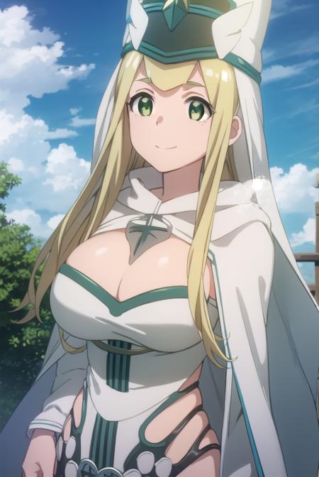 bofurimisery, <lora:bofuri misery s2-lora-nochekaiser:1>,
misery, long hair, blonde hair, (green eyes:1.5), smile,
BREAK hat, cleavage, cape, white cape, dress, white dress, long sleeves,
BREAK outdoors, forest, nature, sky, sun, clouds,
BREAK looking at viewer,
BREAK <lyco:GoodHands-beta2:1>, (masterpiece:1.2), best quality, high resolution, unity 8k wallpaper, (illustration:0.8), (beautiful detailed eyes:1.6), extremely detailed face, perfect lighting, extremely detailed CG, (perfect hands, perfect anatomy),