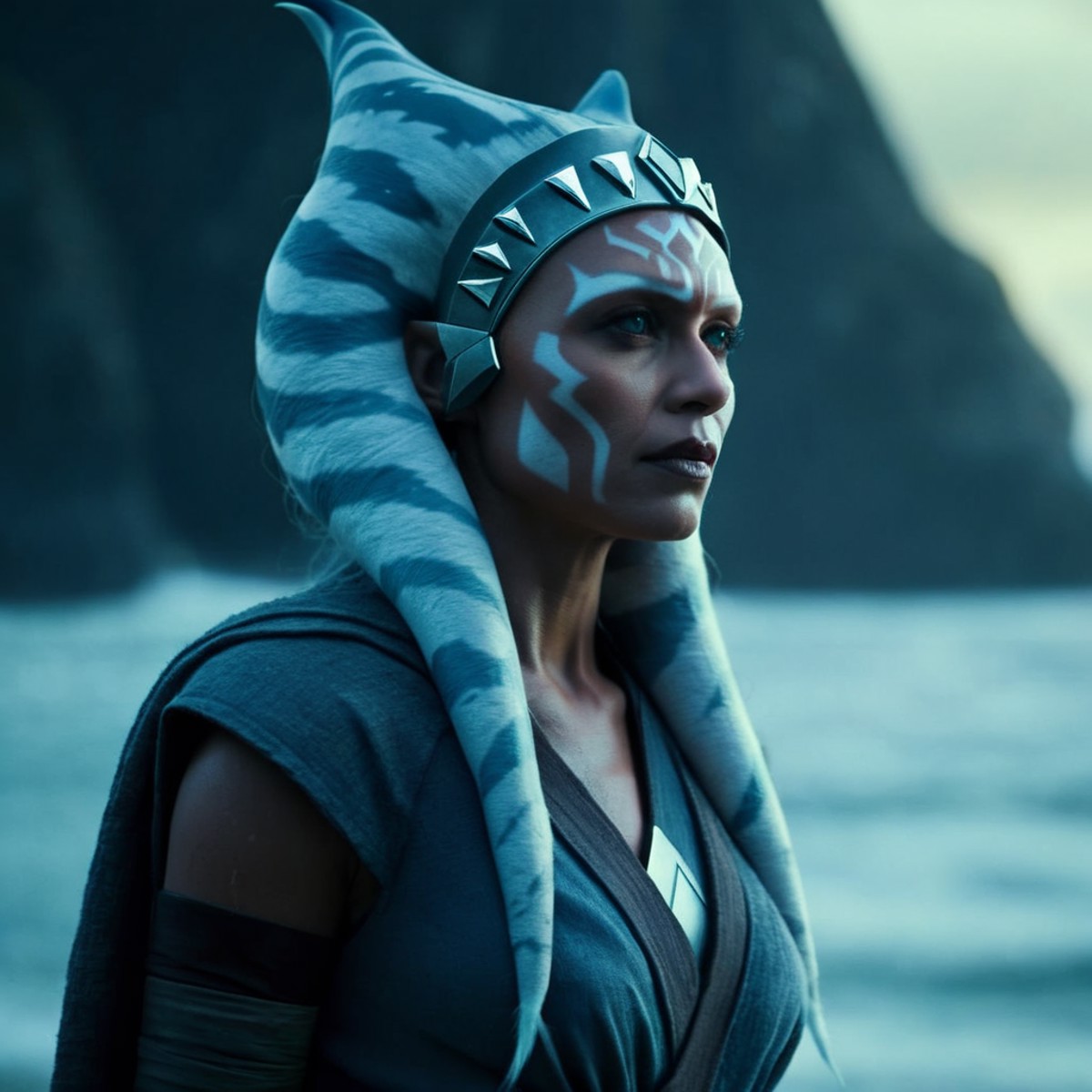 cinematic film still of  <lora:Ahsoka Tano:1>
Ahsoka Tano a woman with a costume on standing in front of the ocean in star...