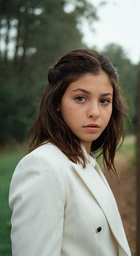 cinematic film still, fine art editorial photography, sophisticated white suit with black trim, perfect eyes, cold dawn, pale pastel colors, washed colors, greyscale, grain, unique perspective, Kodak Portra 400