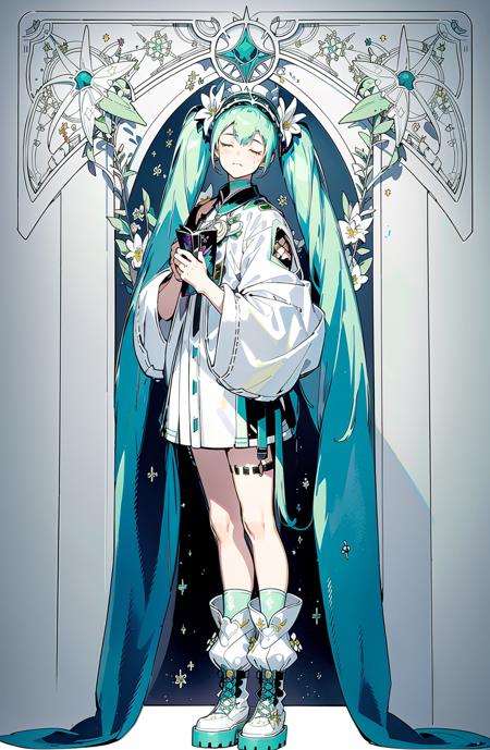 Concept art,tarot cards,borders,European patterns,1girl,solo,closed eyes,flower,hair flower,hair ornament,long hair,full body,facing viewer,white footwear,boots,standing,aqua hair,closed mouth,green hair,hatsune miku,bangs,twintails,<lora:kapaiV2:1>,